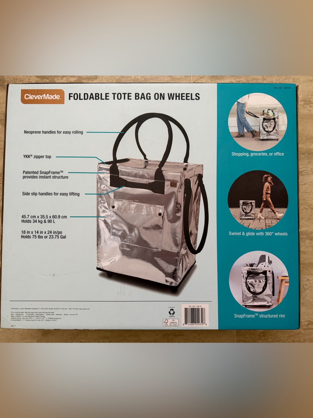 CleverMade Foldable Tote Bag on Wheels - Silver - Picture 3 of 5